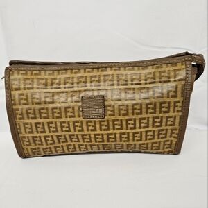 Fendi Zucca FF Monogram Vintage Canvas And Leather Clutch Bag In Camel And Brown